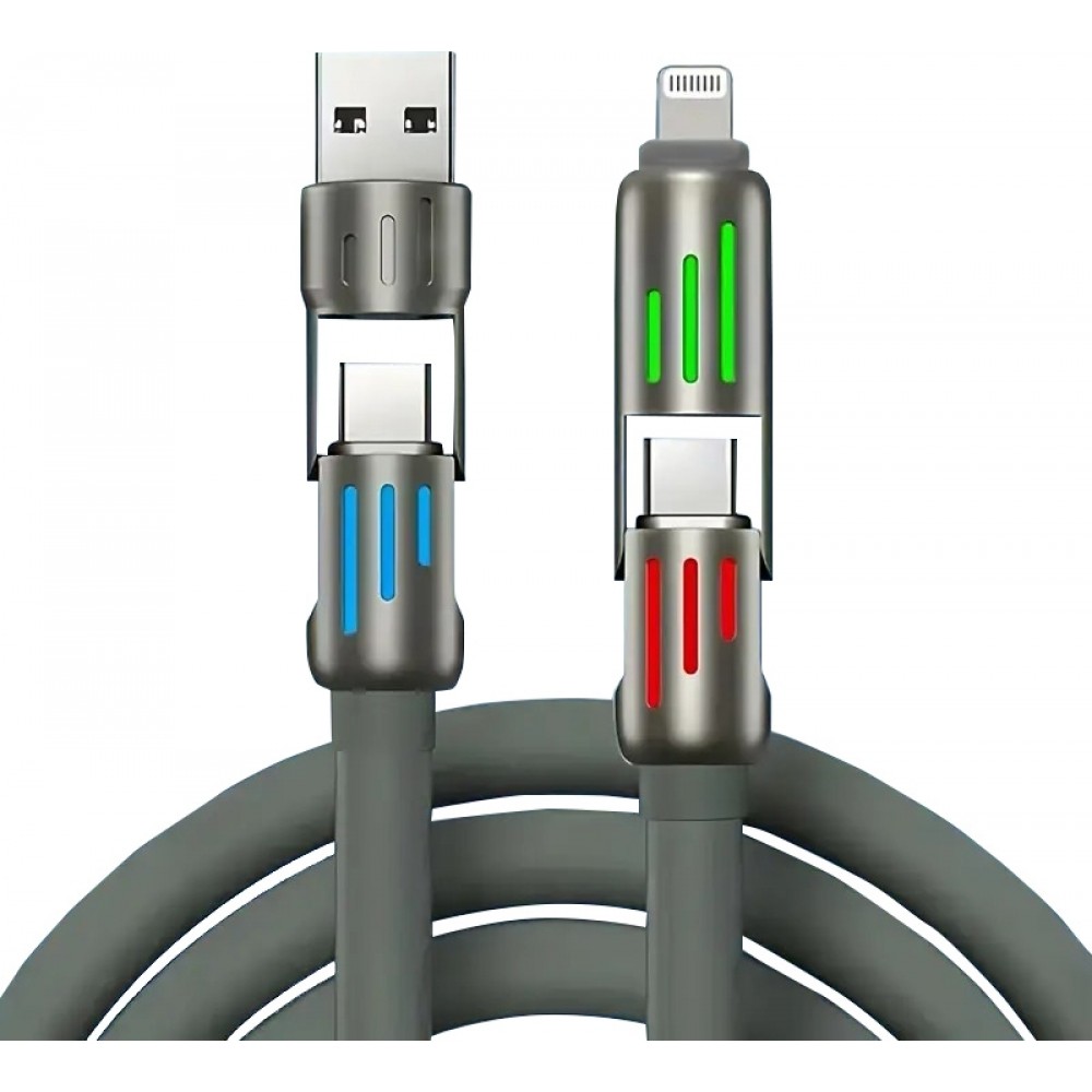 Câble USB 4-en-1 charge rapide 30W | USB-C vers USB silicone anti-nœuds LED RVB compatibilité multi-appareils et durable (2 m) - Gris
